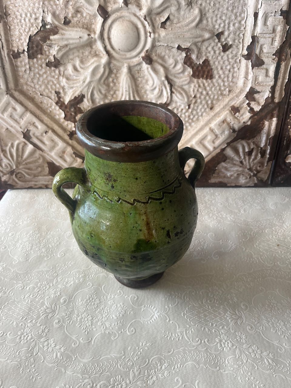 Authentic medium Tamegroute pottery  urn with rustic green glaze 