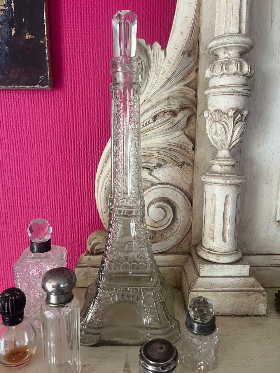 Glass eiffel tower liqour bottle, vintage