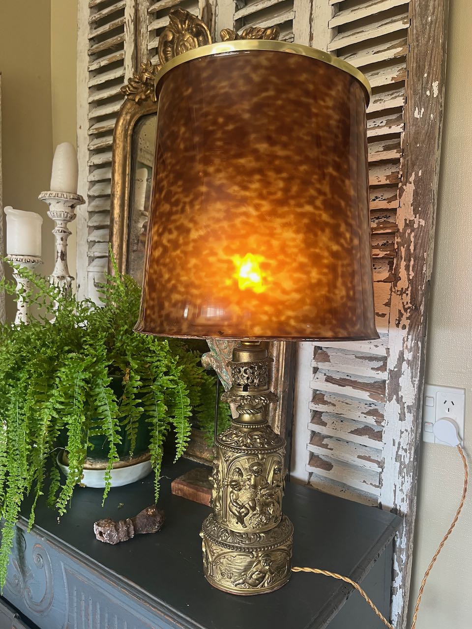  Napoleon III era (c. 1850–1870) moderator lamps, converted with tortoiseshell lampshades, possibly from Thomas Pearce &amp; Sons or Hadro