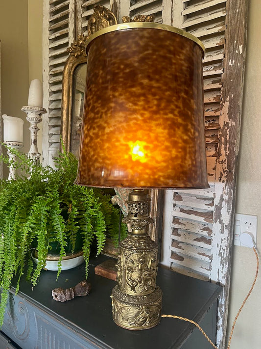  Napoleon III era (c. 1850–1870) moderator lamps, converted with tortoiseshell lampshades, possibly from Thomas Pearce &amp; Sons or Hadro