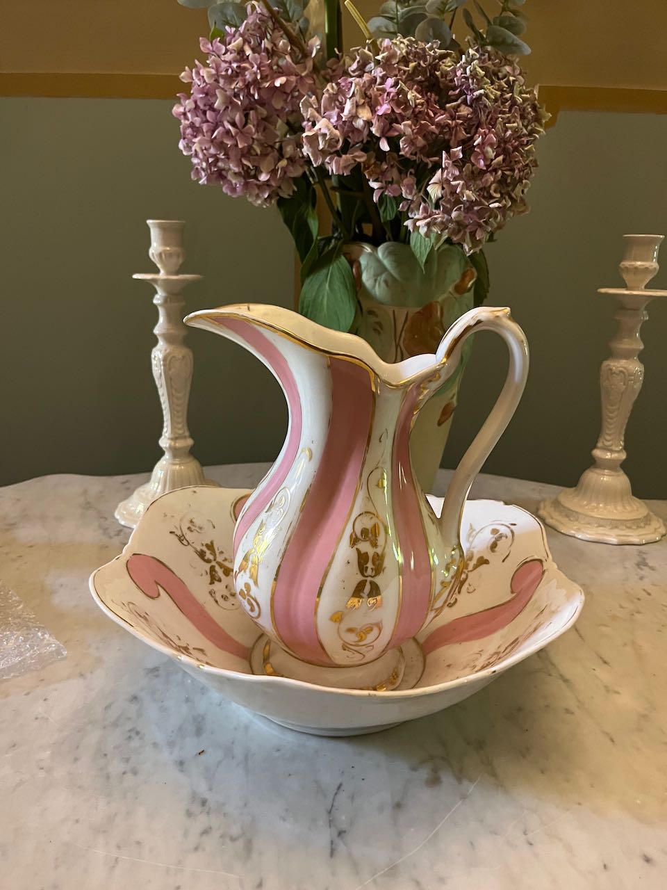 fa4303  Fench antique pink and white jug and bowl
