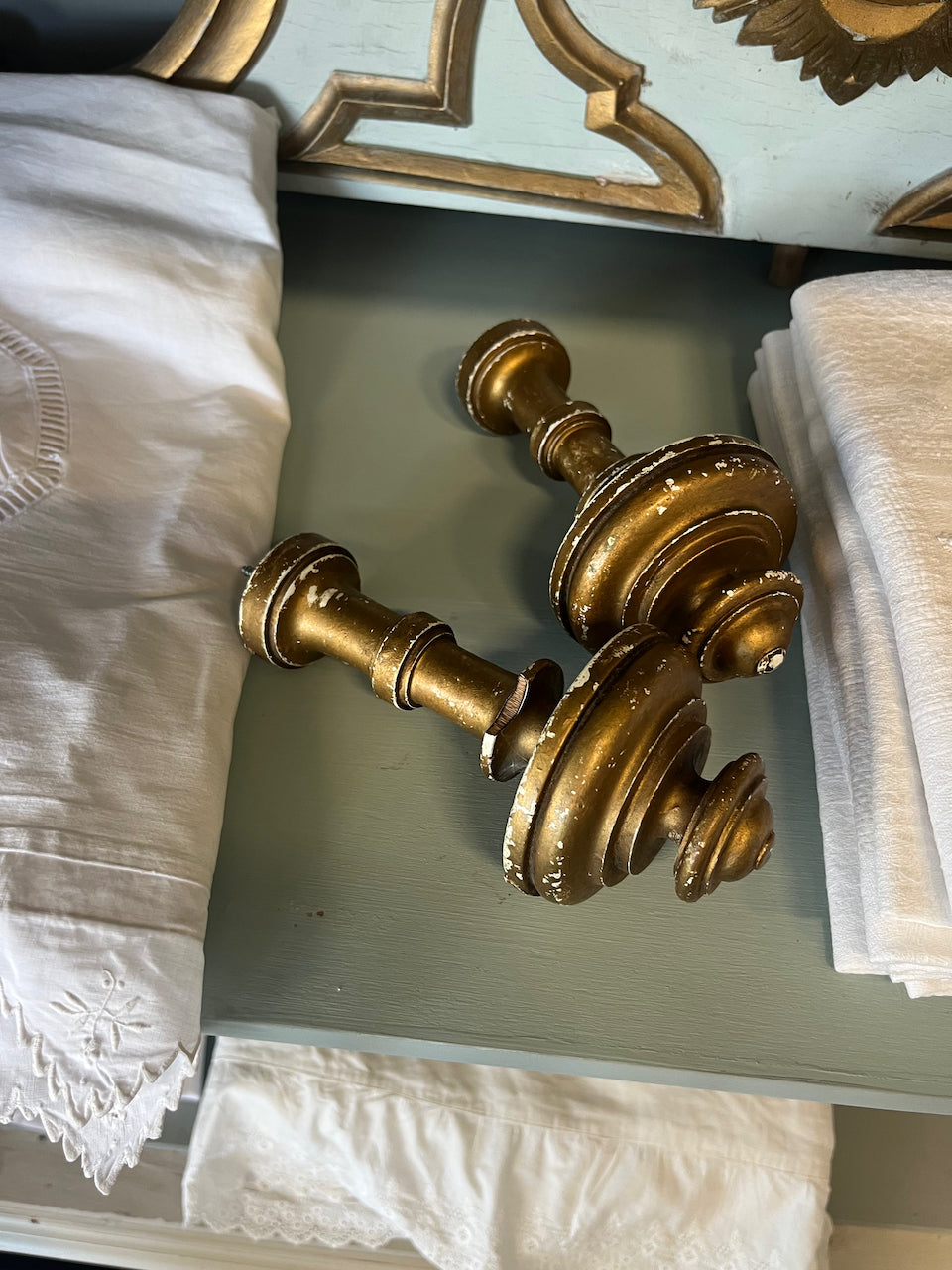 Pair French vintage wooden Chateau curtain rests