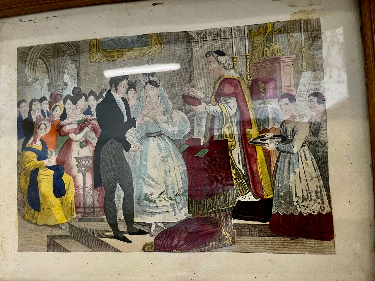 fa4947 Framed French antique Lithograph, hand coloured