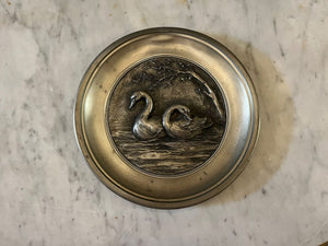 fa4397 French antique pewter plate with swans in relief