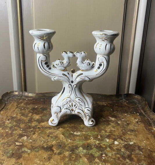 fa508 French ceramic candlestand, 2 candleholders. Cream and gold detail