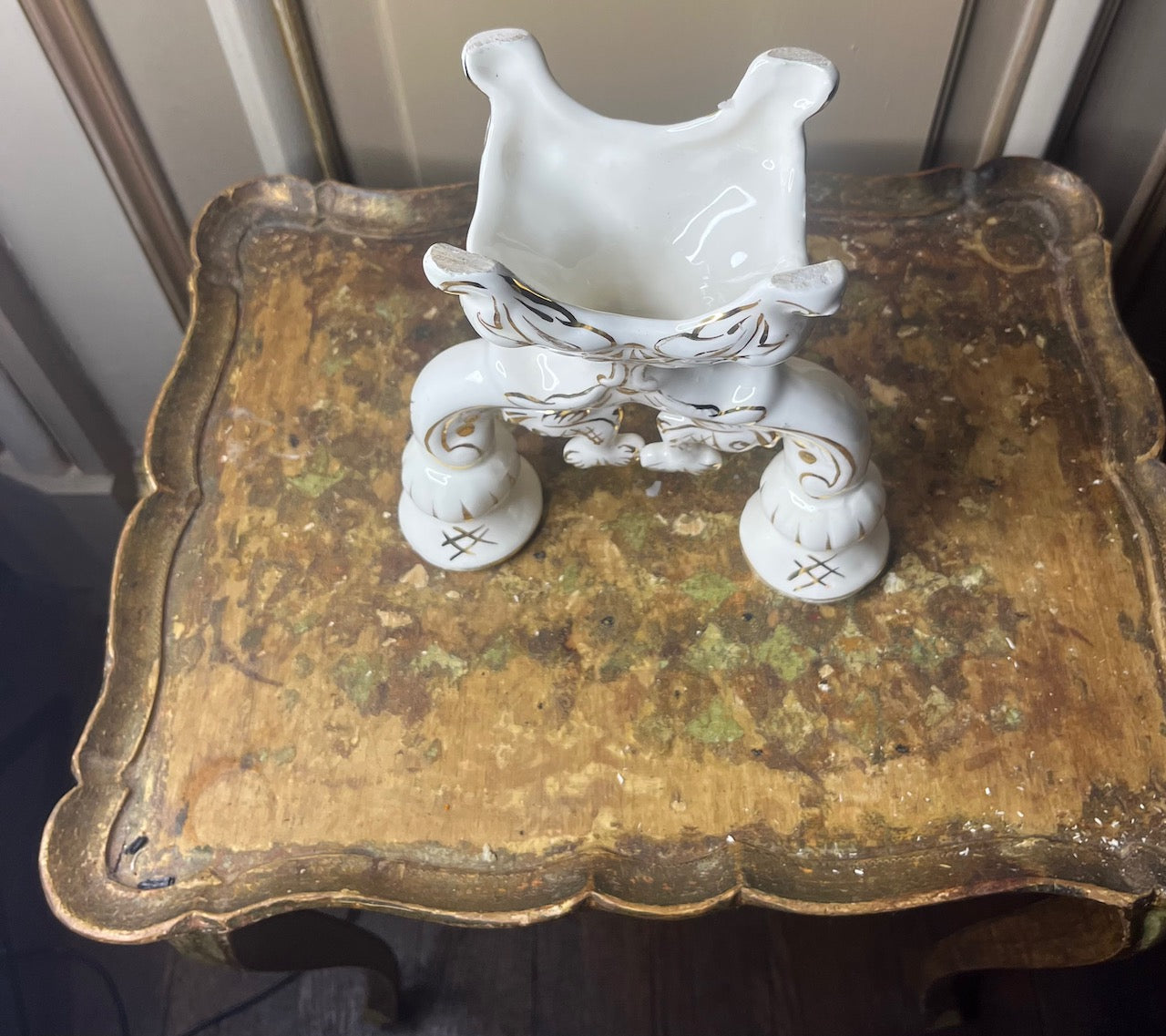 fa508 French ceramic candlestand, 2 candleholders. Cream and gold detail