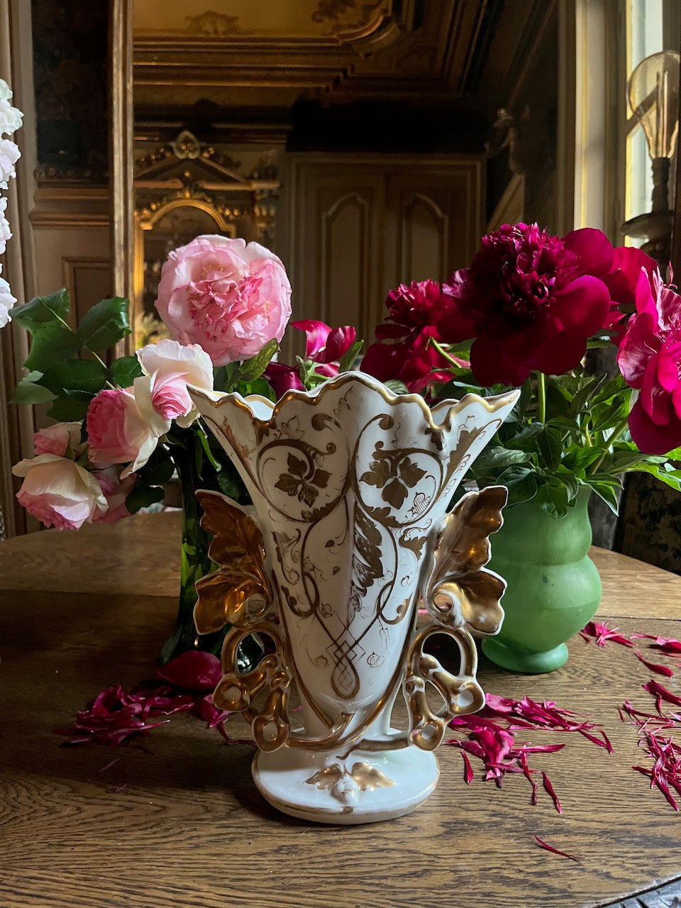 fa561 French antique porcelain and gold wedding vase