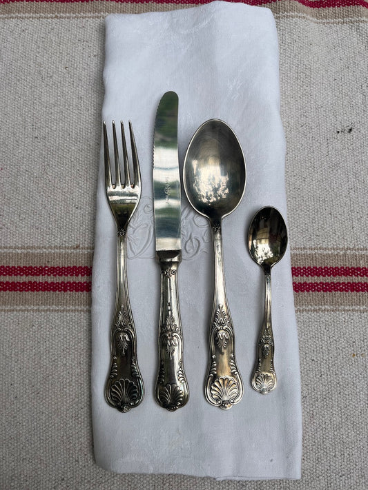 fa515 Service. 12 piece French vintage cutlery set wth serving utensils. silver plate
