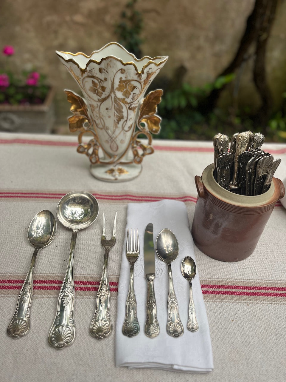 fa515 Service. 12 piece French vintage cutlery set wth serving utensils. silver plate