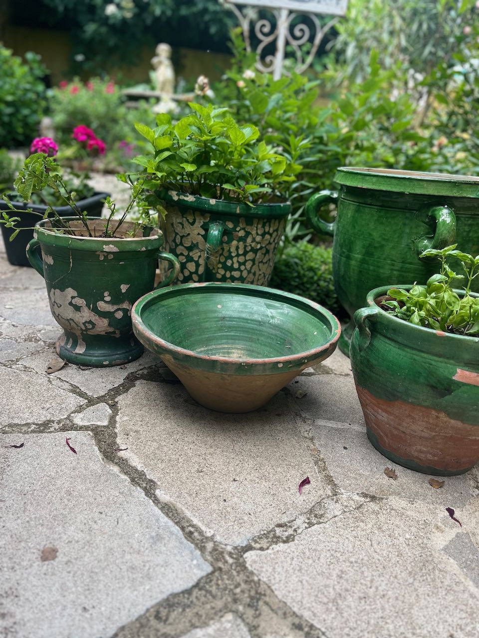 fa551 Large green French antique dough bowl