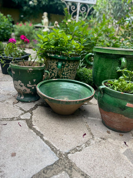 fa551 Large green French antique dough bowl