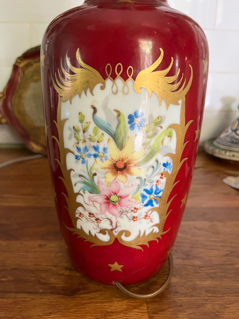 fa4537 French Limoge gold and red hand painted lampbase, 19th century