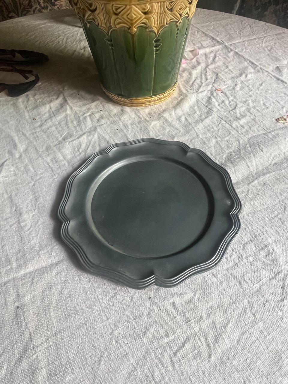 fa575 scalloped edged french vintage pewter plate