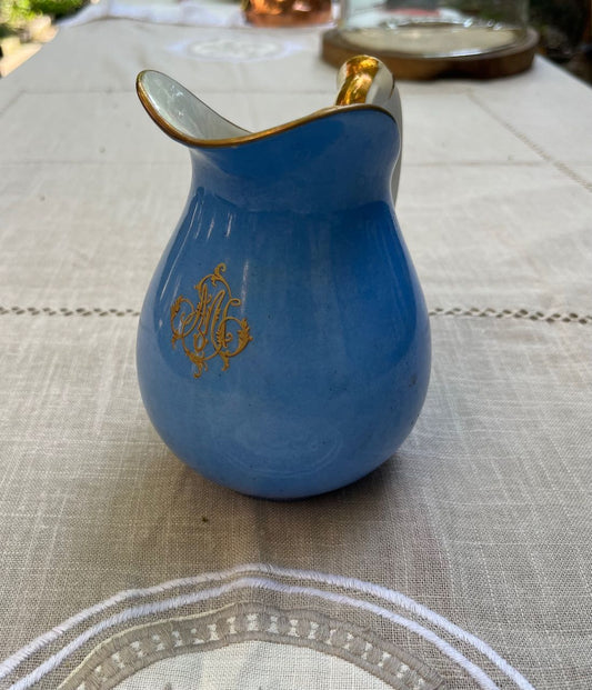 fa503 Small blue french antique ceramic jug with gold crest