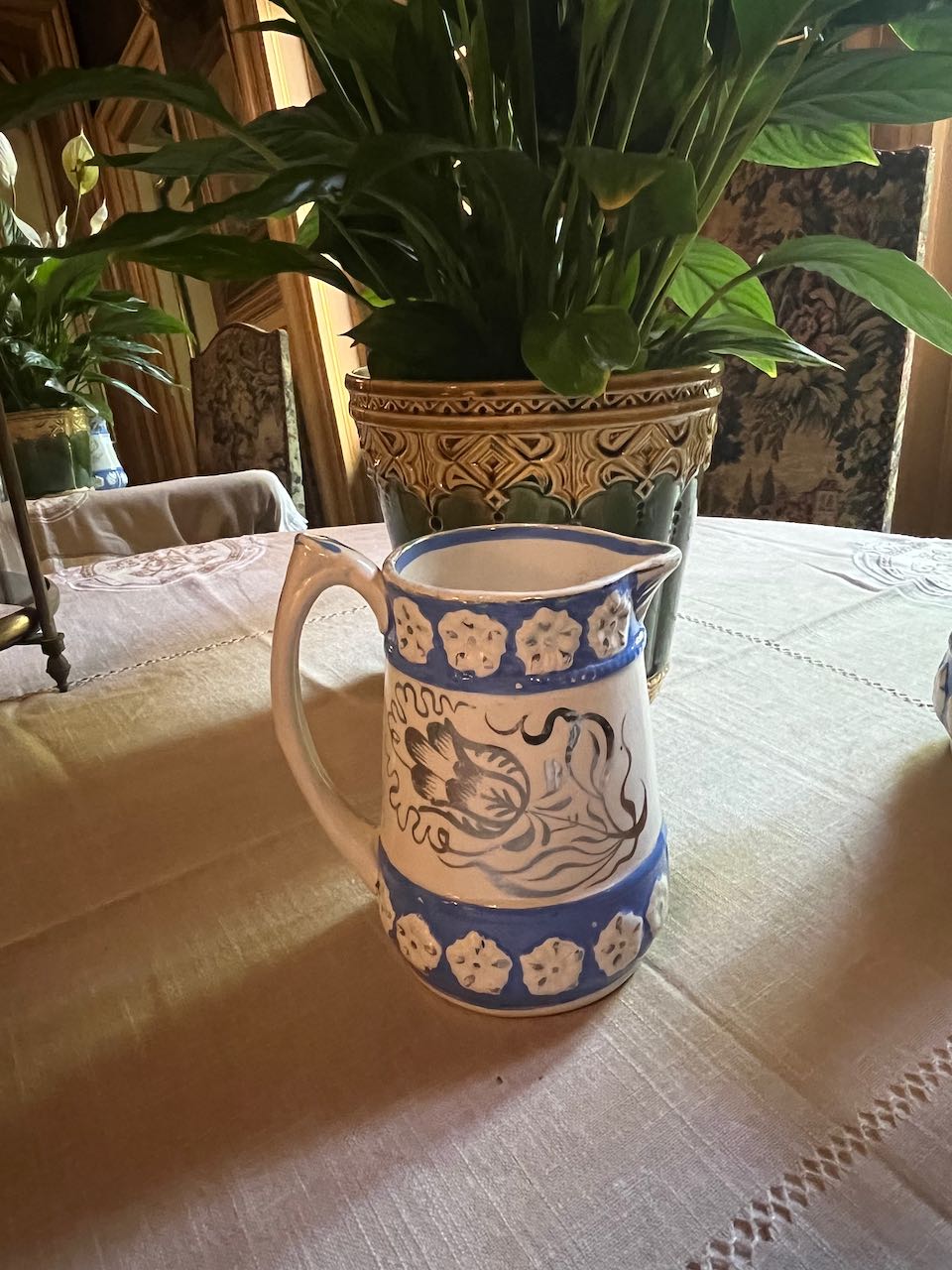 fa609 Gorgeous Milk jug with blue and white decoration and silver detail ( small)