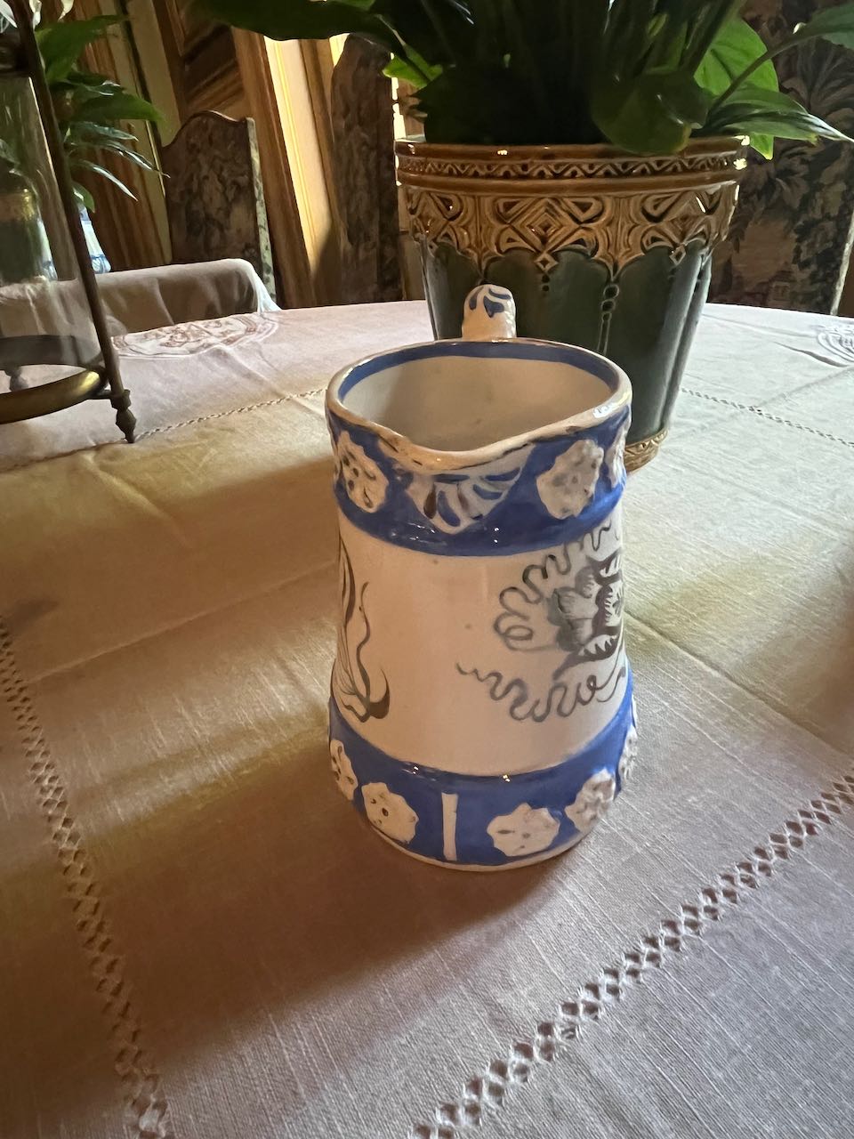 fa608 Gorgeous Milk jug with blue and white decoration and silver detail ( med)