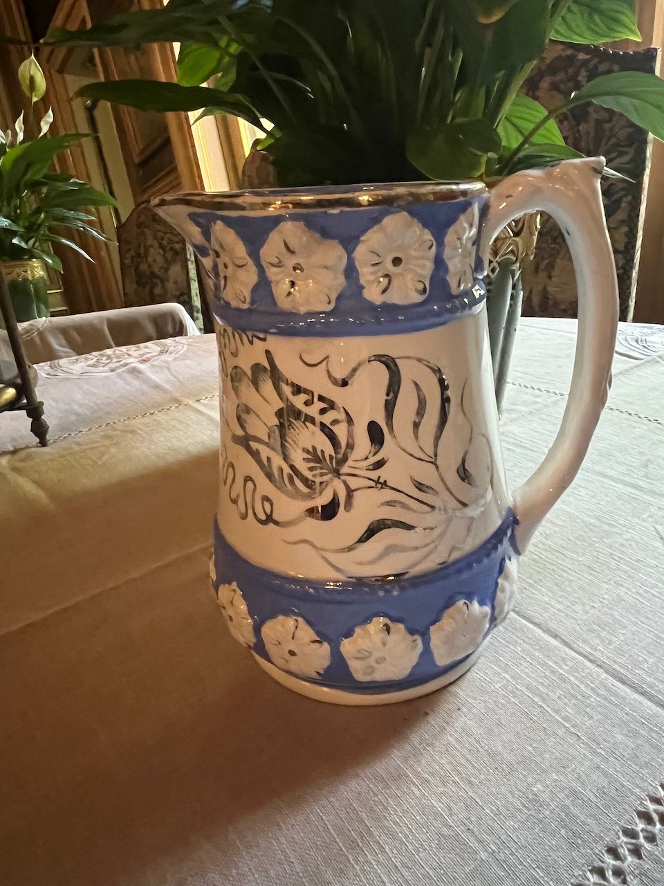 fa608 Gorgeous Milk jug with blue and white decoration and silver detail ( med)