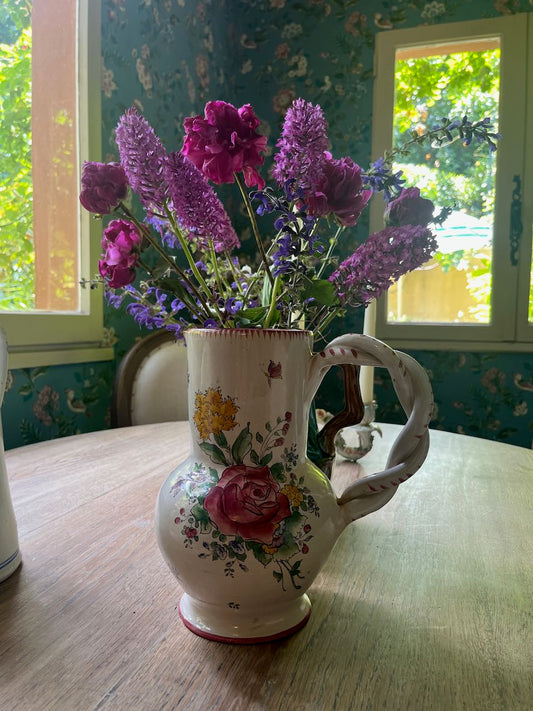 fa695 French Luneville plaited handled jug/vase