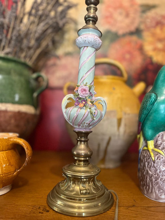 fa699 French antique candy cane lampstand with handmade flowers