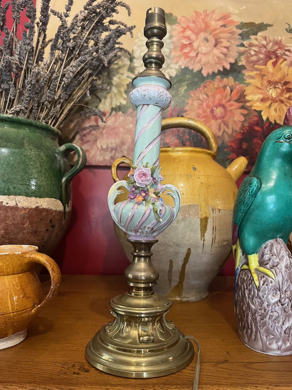 fa699 French antique candy cane lampstand with handmade flowers