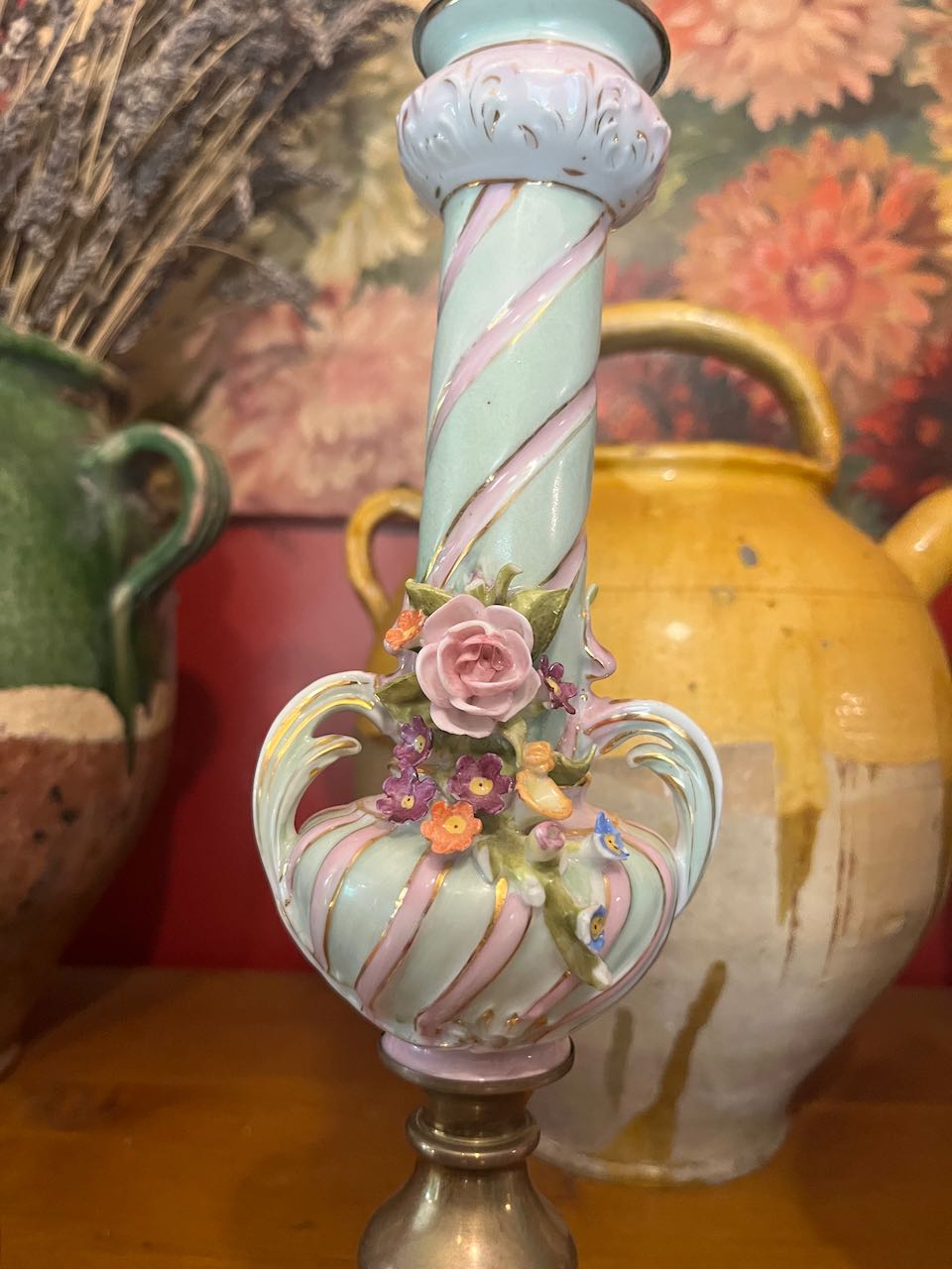 fa699 French antique candy cane lampstand with handmade flowers