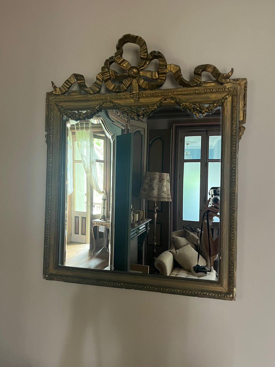 fa569 Gorgous French antique mirror with bow detail