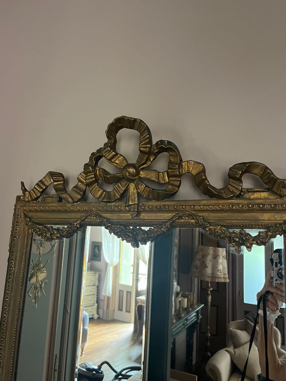fa569 Gorgous French antique mirror with bow detail