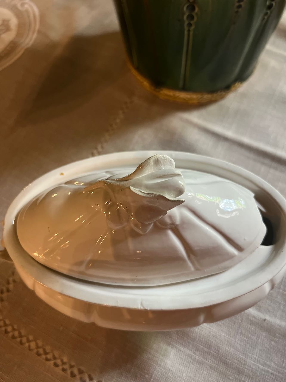 fa633 small white oval lidded serving bowl with rosebud top