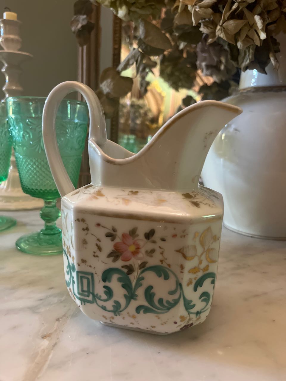 fa653 milk jug med , hand painted with gold pink/blue detail