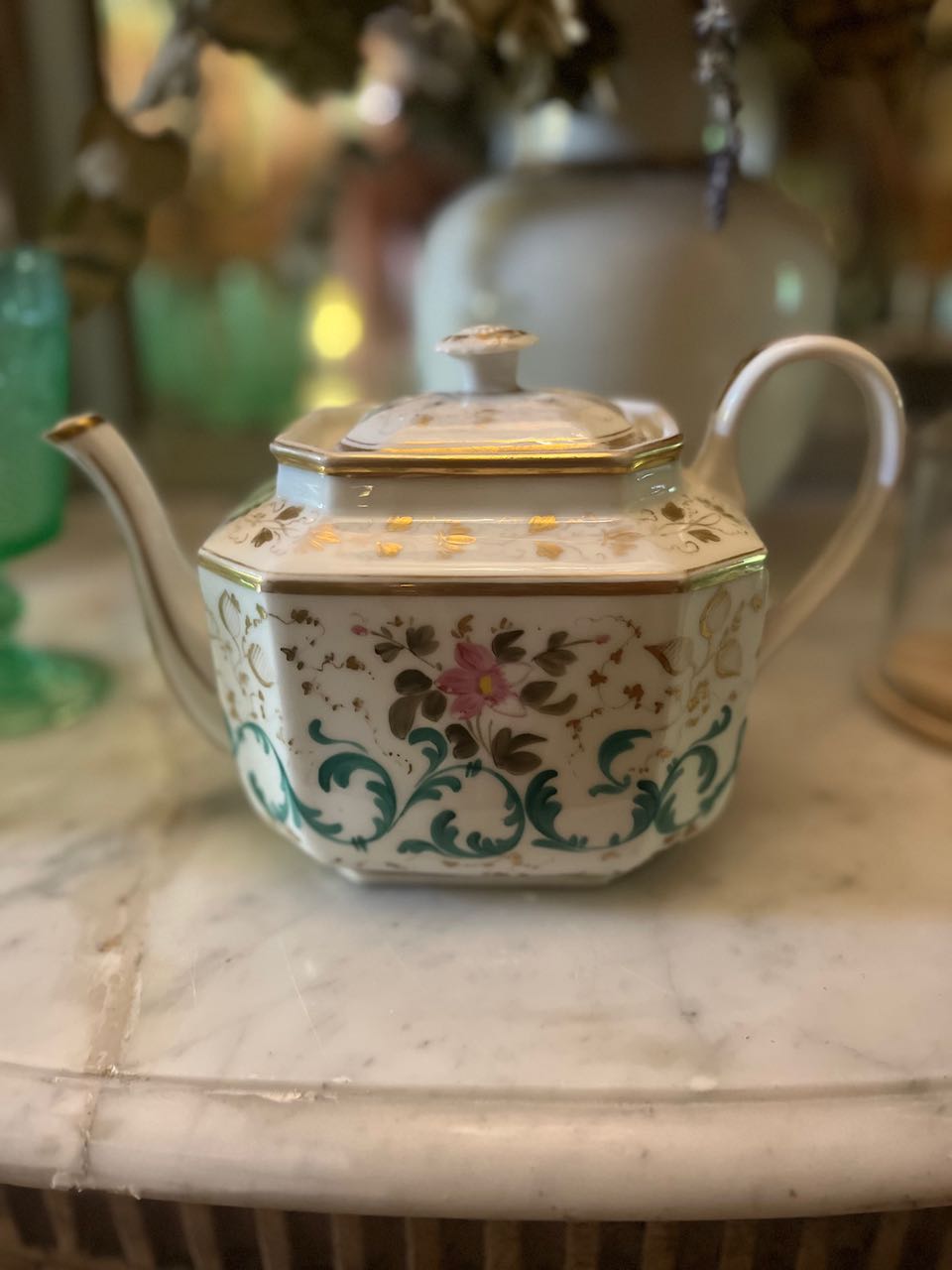 fa651 tea pot med ,  hand painted with gold pink/blue detail