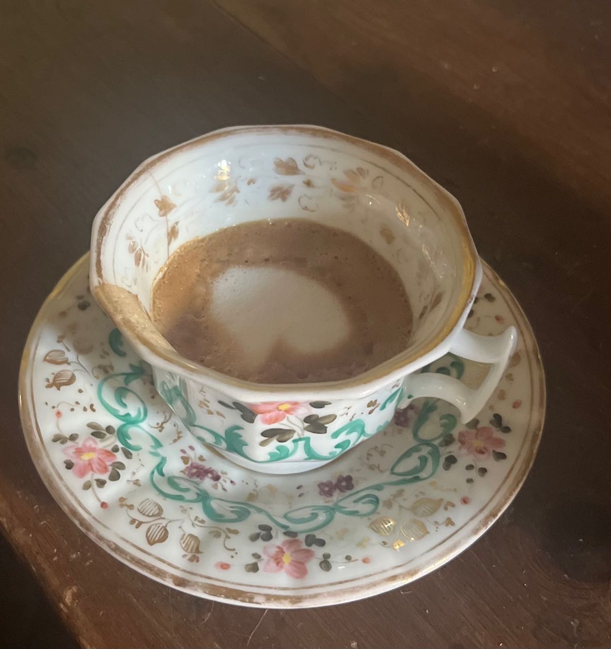 fa652  french antique small cup and saucer ,  hand painted with gold pink/blue detail