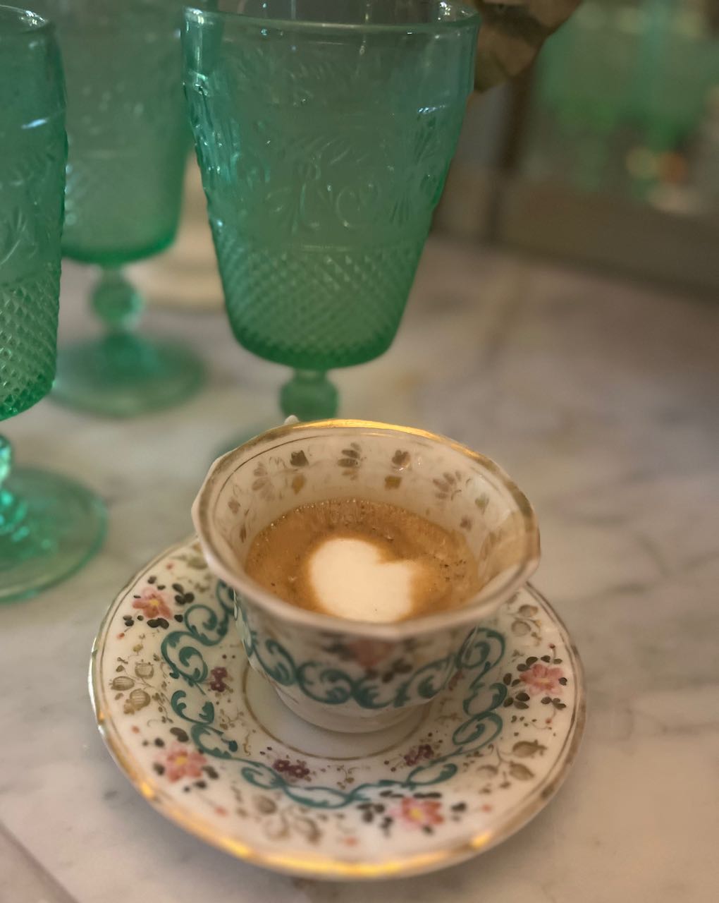 fa652  french antique small cup and saucer ,  hand painted with gold pink/blue detail