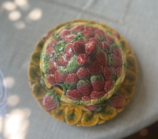 French vintage strawberry ceramic  jam holder with lid