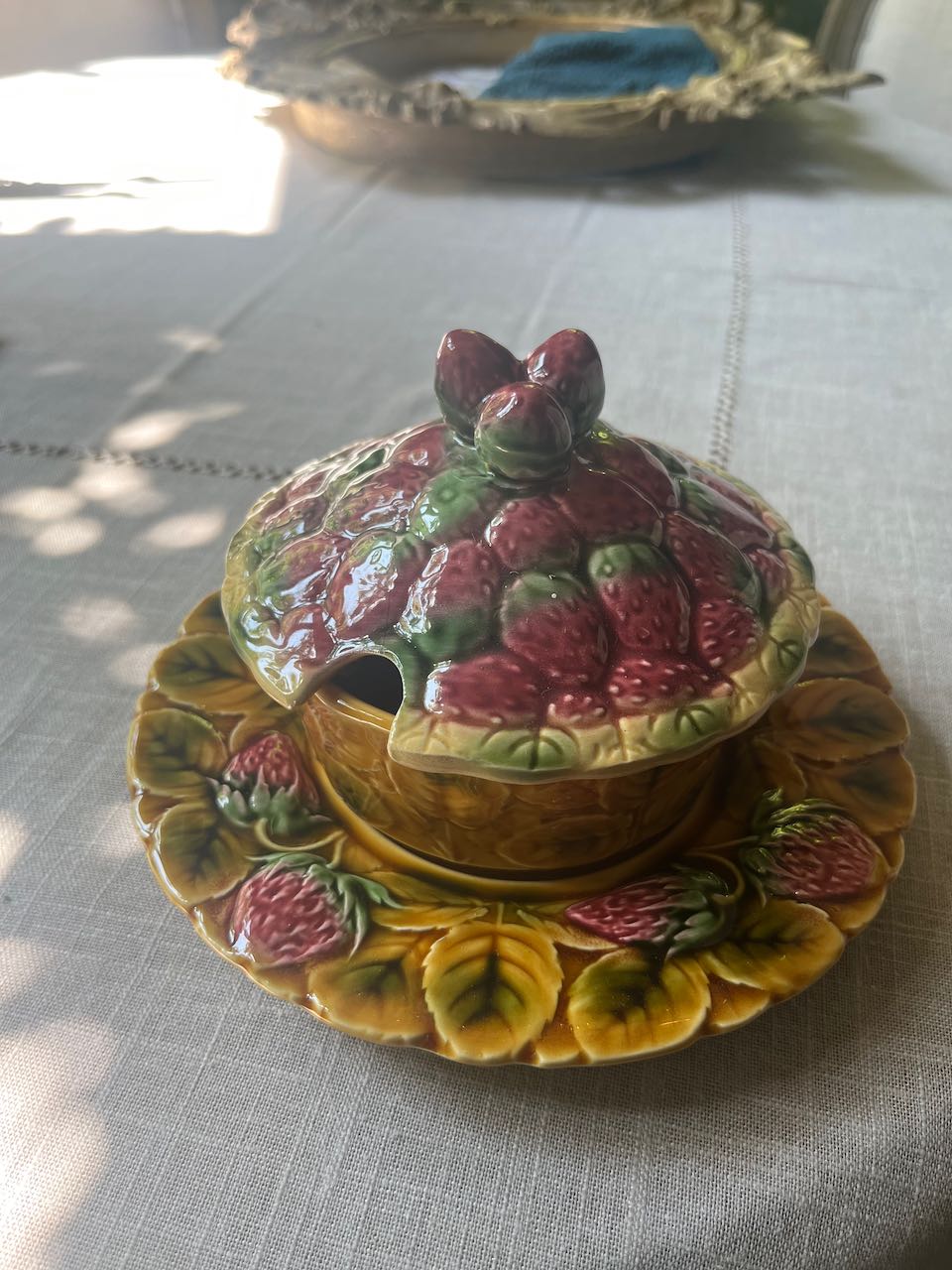French vintage strawberry ceramic  jam holder with lid