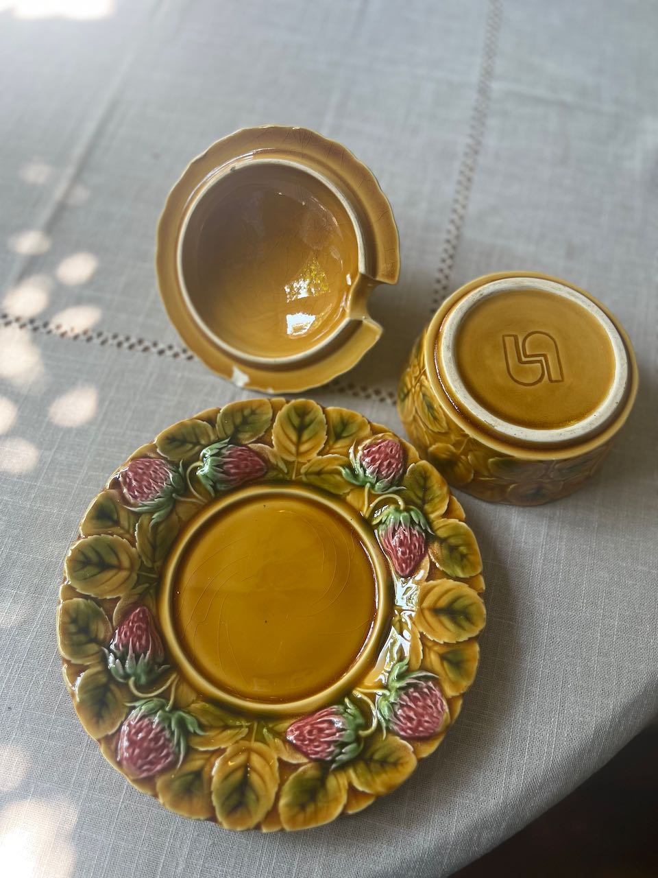 French vintage strawberry ceramic  jam holder with lid