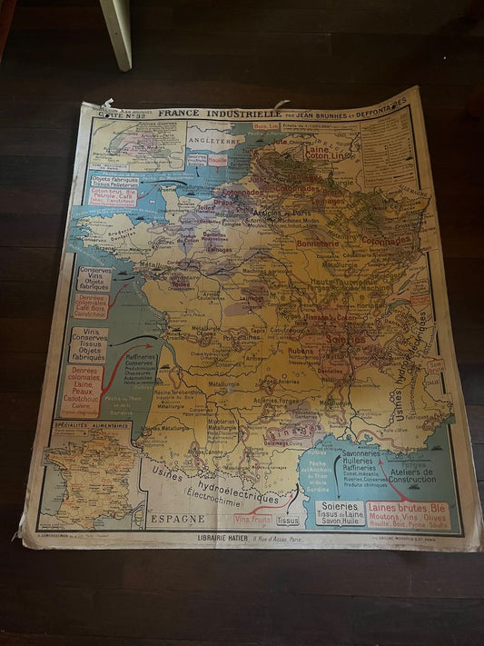 fa700 Large school map, french vintage of Bordeaux, 2 sided