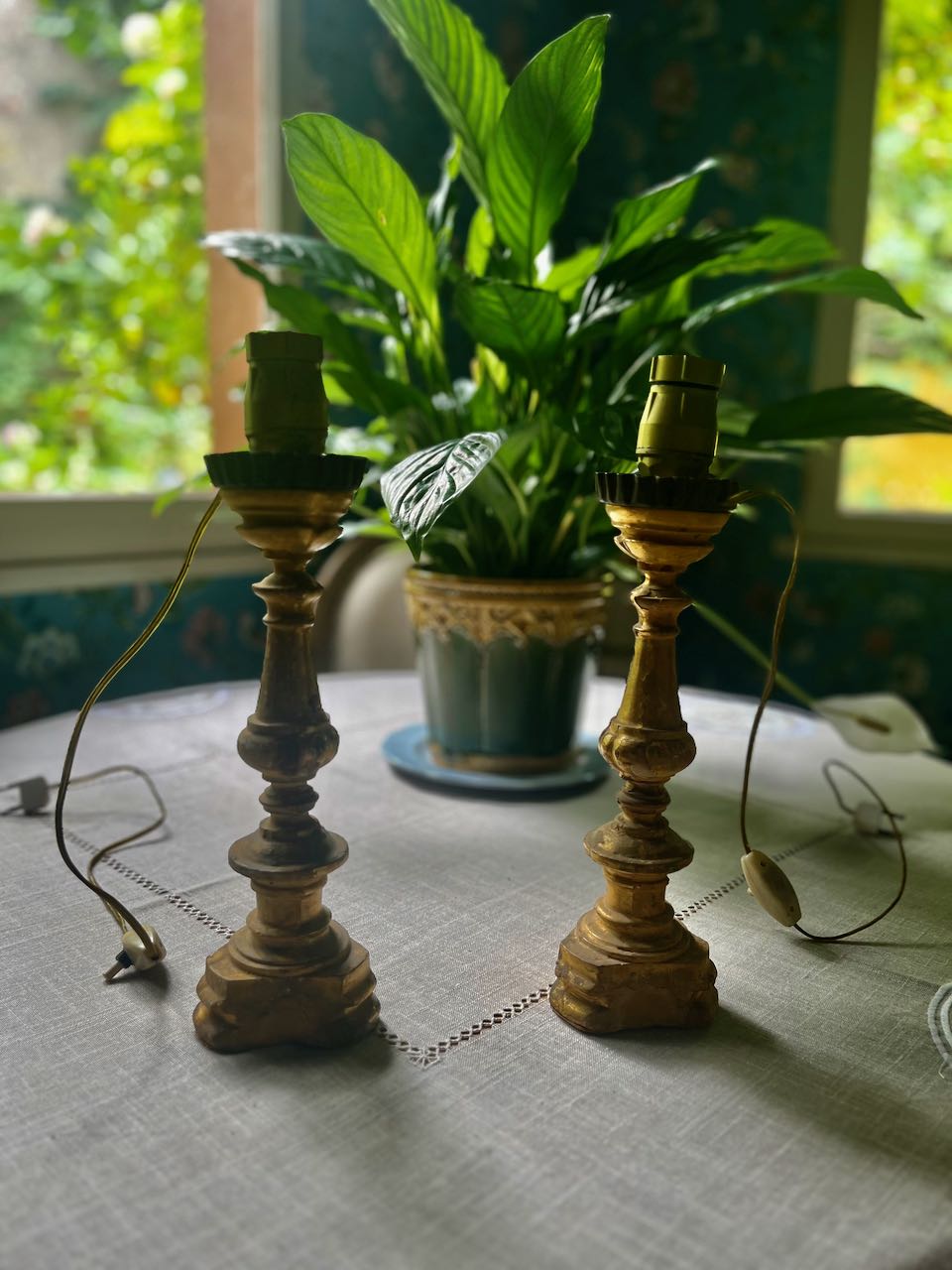 fa747 Wooden Antique pair Italian lampbases, wired