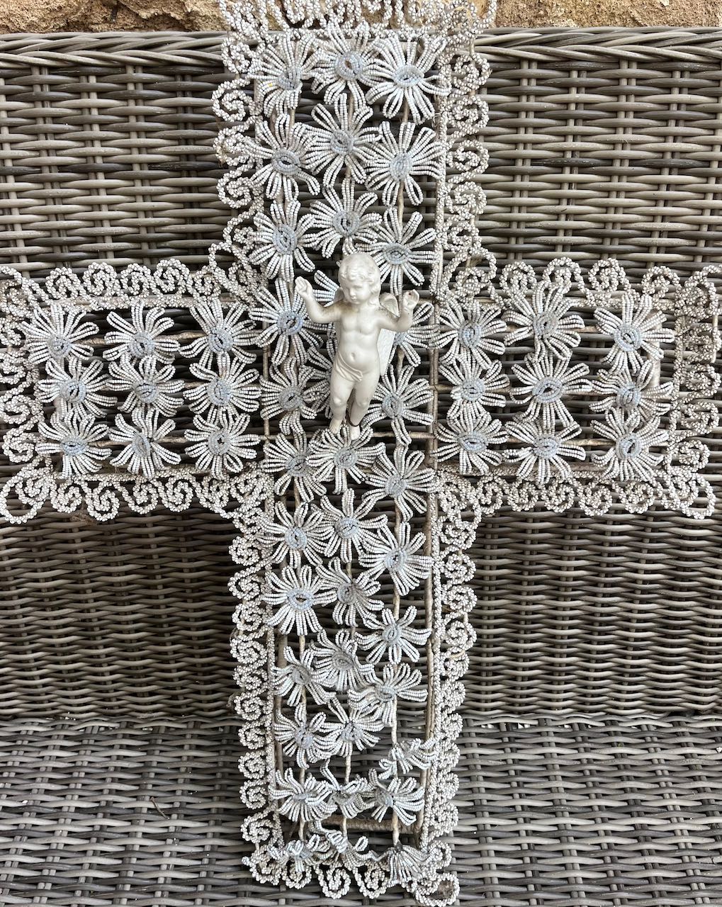 fa873   French antique glass hand beaded cross with a little porcelain angel in the middle
