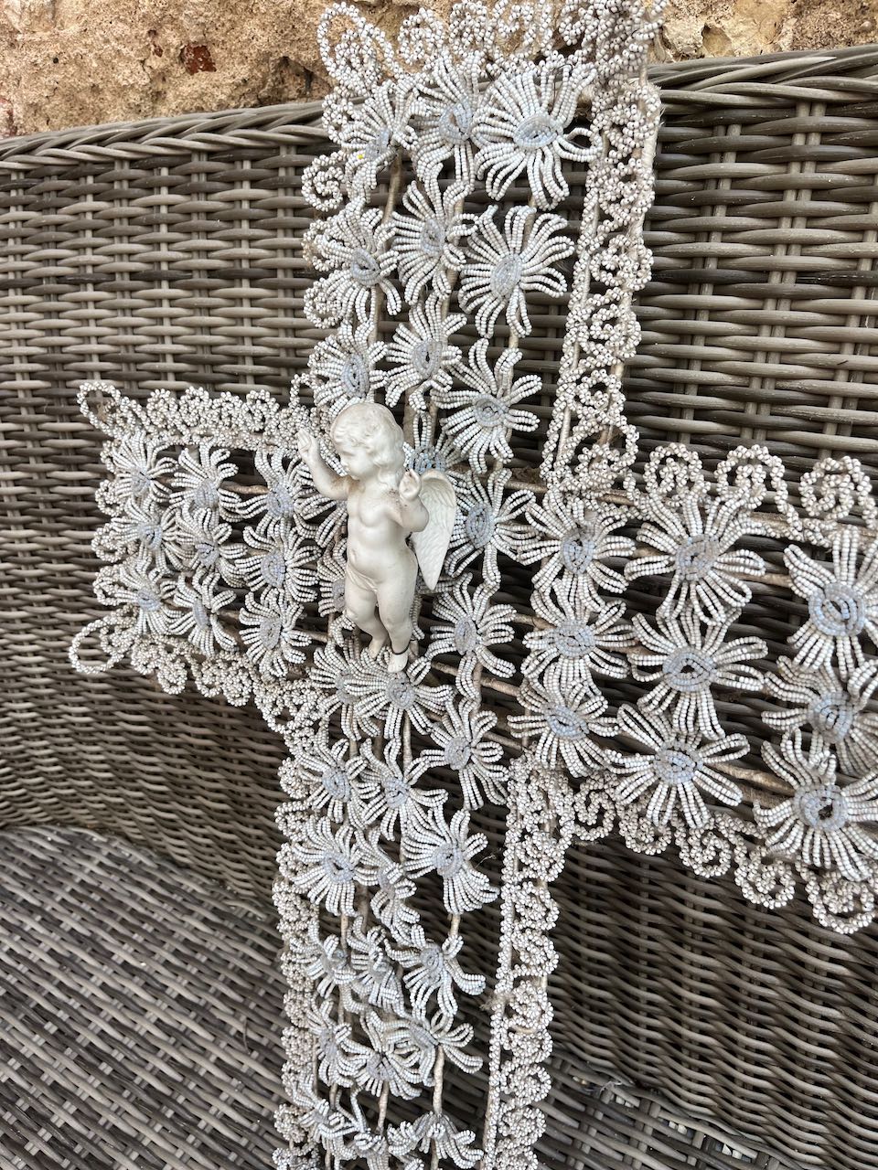 fa873   French antique glass hand beaded cross with a little porcelain angel in the middle