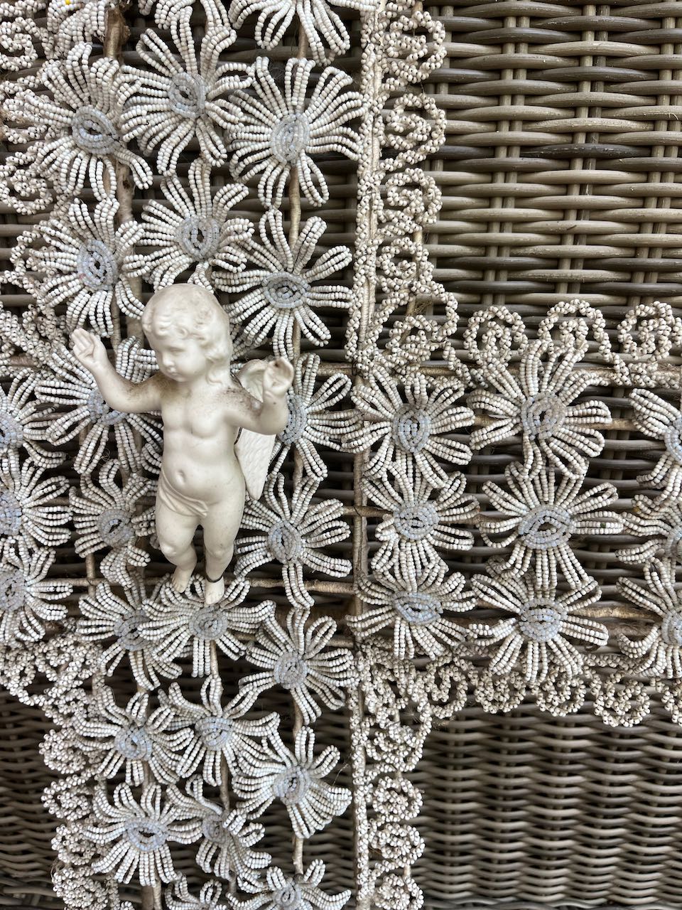 fa873   French antique glass hand beaded cross with a little porcelain angel in the middle