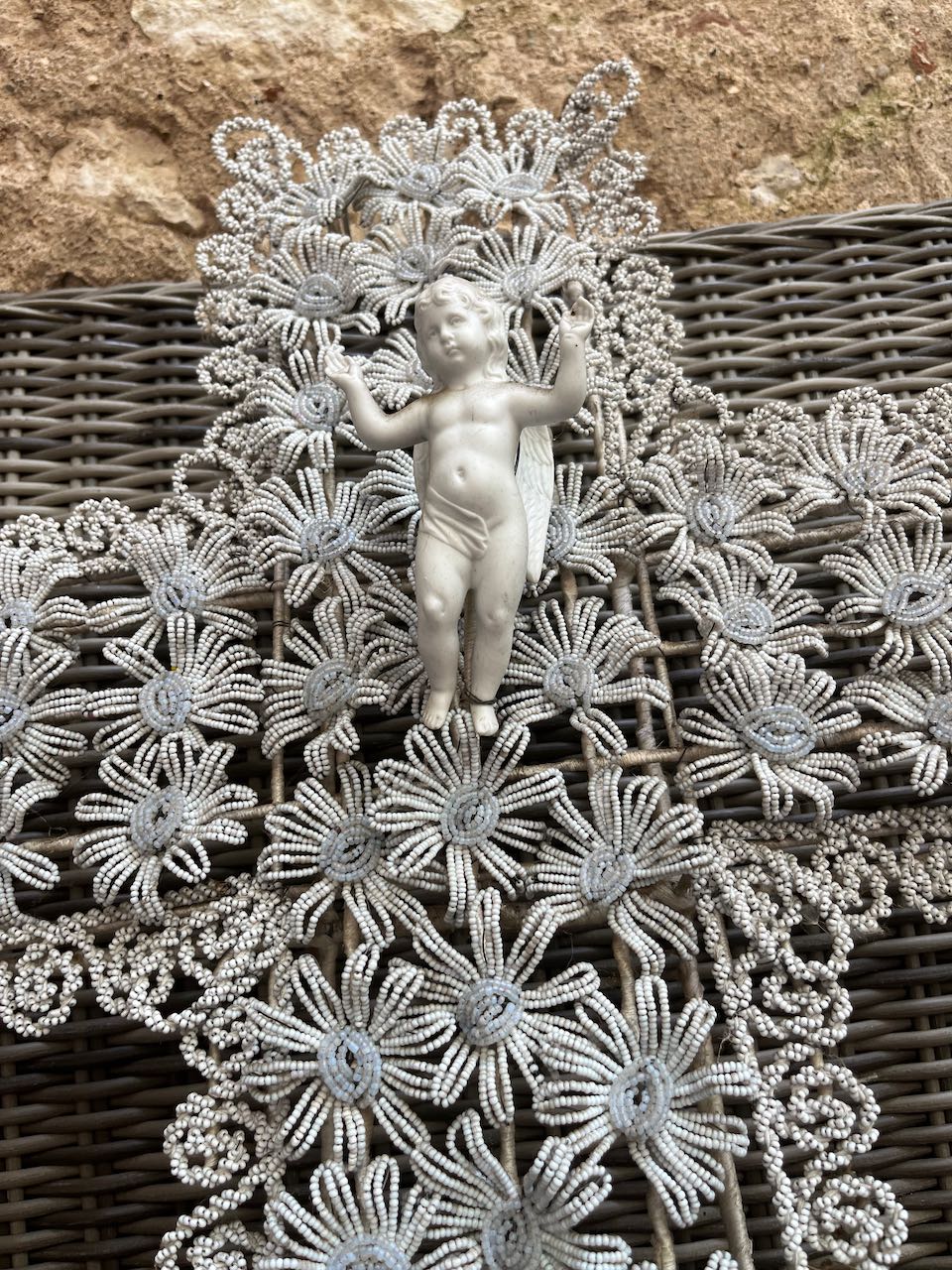 fa873   French antique glass hand beaded cross with a little porcelain angel in the middle