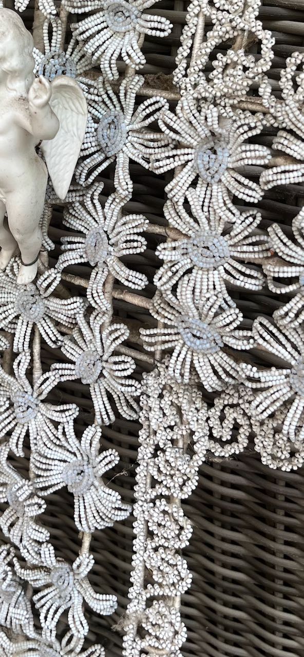 fa873   French antique glass hand beaded cross with a little porcelain angel in the middle