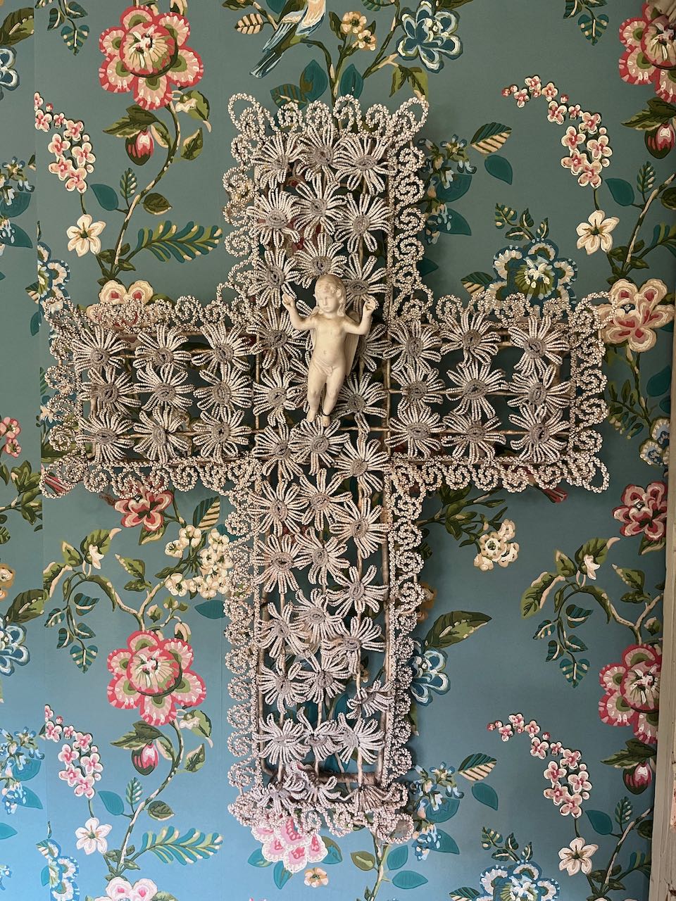 fa873   French antique glass hand beaded cross with a little porcelain angel in the middle