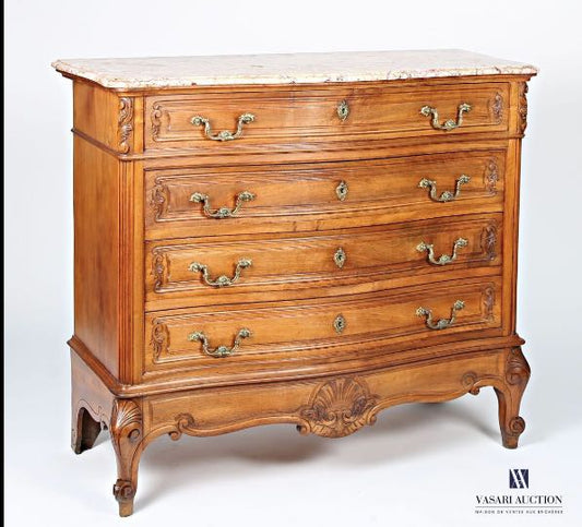 Beautiful Fruitwood Chest of drawers with an off white marble top.