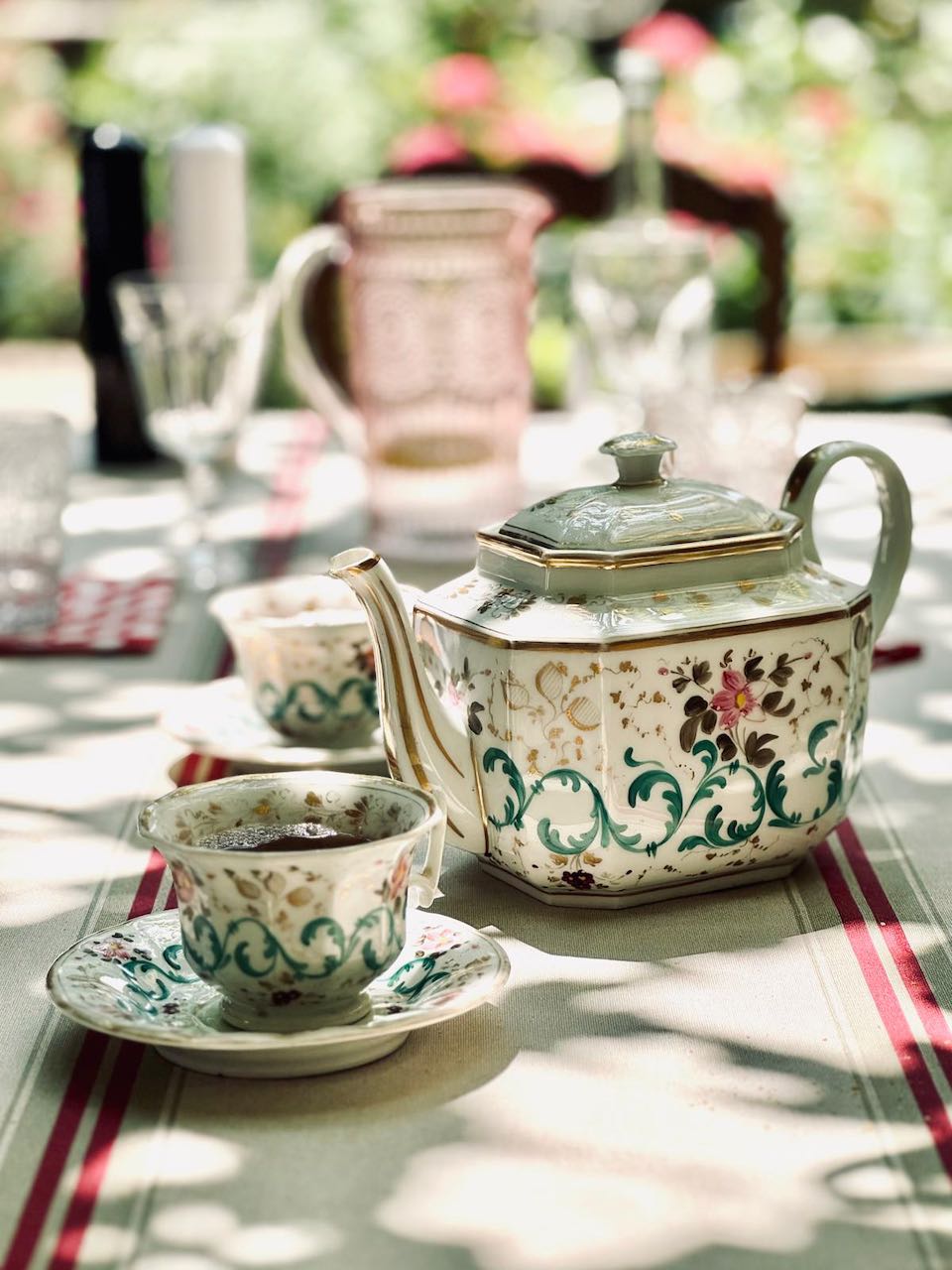 fa652  french antique small cup and saucer ,  hand painted with gold pink/blue detail