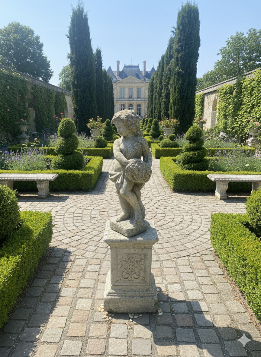 Grand French antique garden cherub on stand.