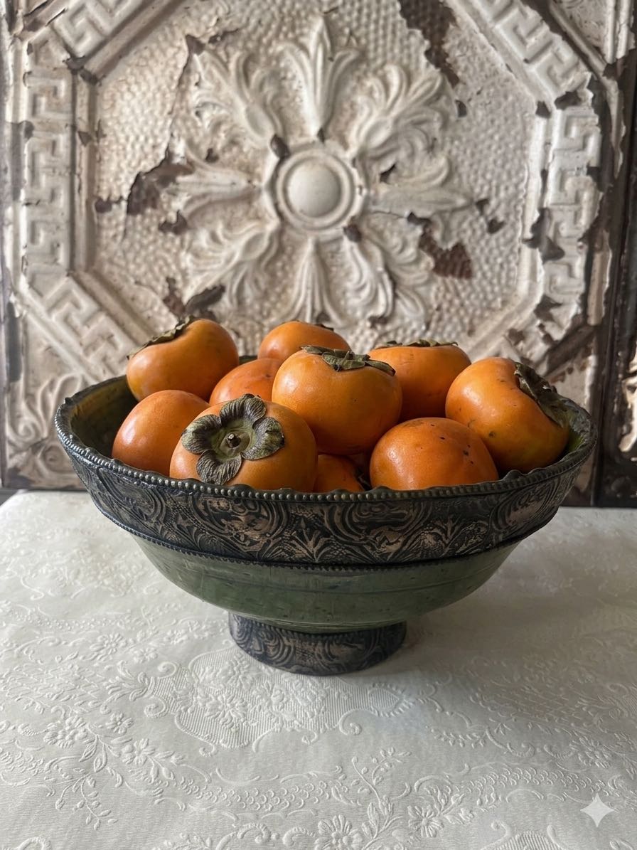 Authentic medium Tamegroute pottery bowl with rustic green glaze and decorative hand-stamped silver metal rim and base.