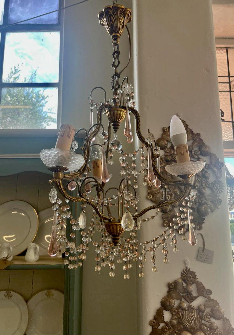 fa4940 Pink and clear glass brass chandelier