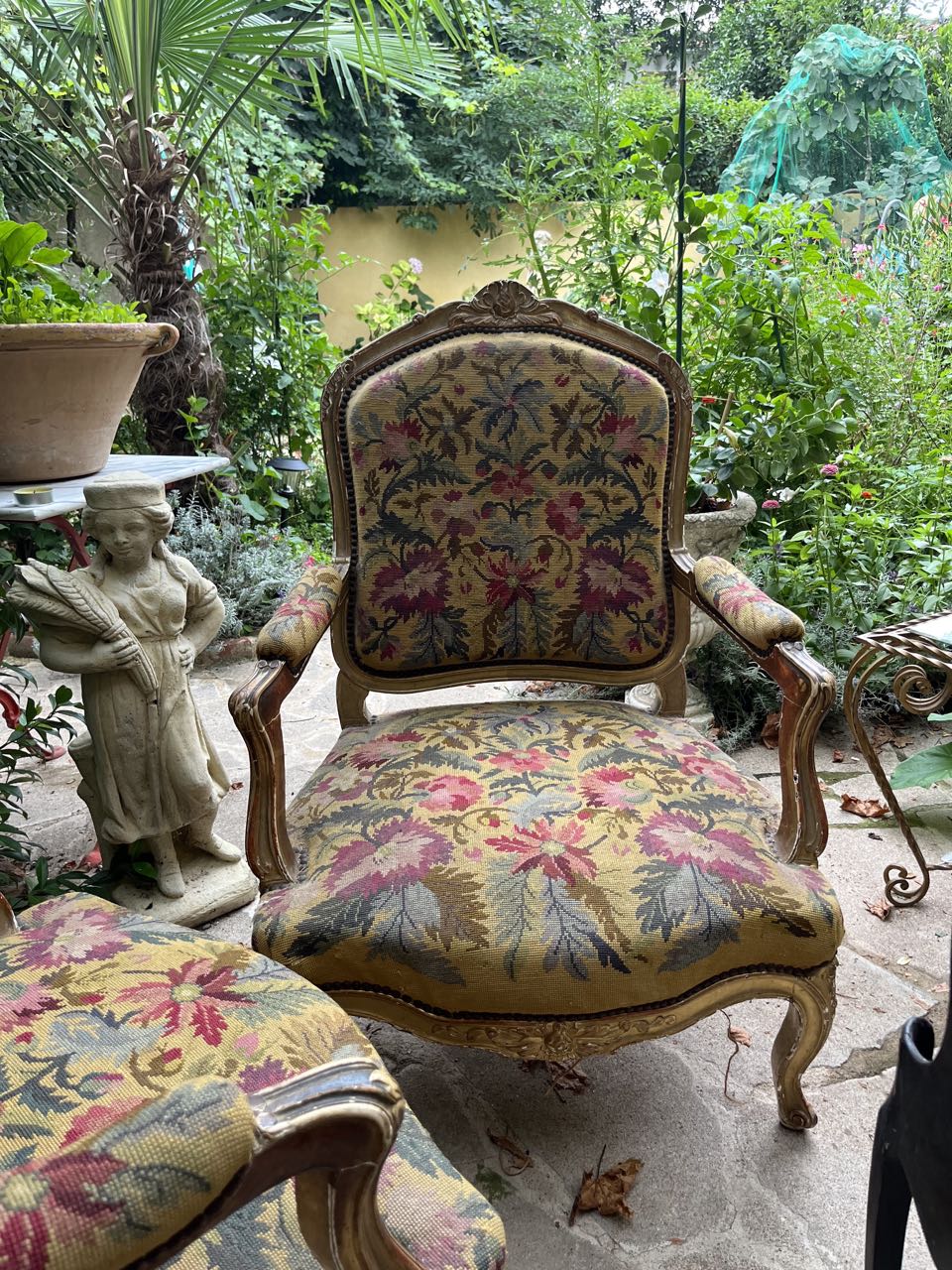 fa3640 French antique Aubusson chair, each