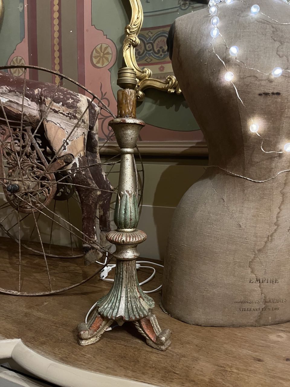 fa3669 Antique wooden French candle stand  with silver foil